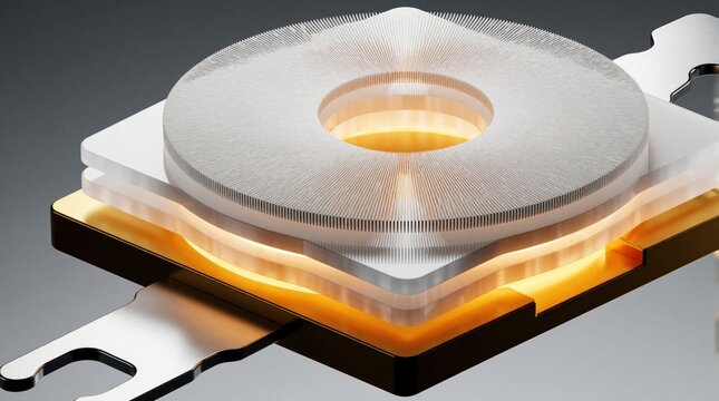 Macro view of high precision optical encoder disc with radial lines. Industrial automation component for motion sensing, robotic positioning systems. Silver electronic sensor part uses light to track