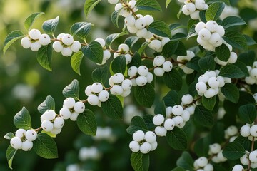 Fototapeta premium Close up of white snow berries on green leaves. Ripened Symphoricarpos albus branches grow in garden during autumn. Small round white fruits hang from deciduous shrub in natural daylight. Ornamental