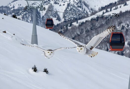 Wildlife conservation and climate change, two snowy owls flying over a ski resort with cable cars in a winter mountain landscape during the cold season
