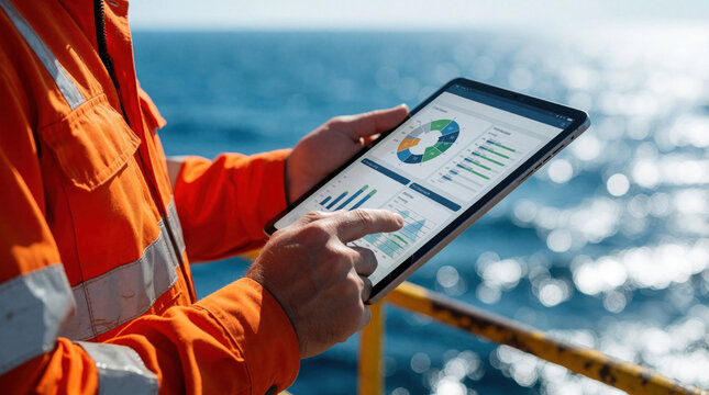 Offshore worker in orange safety gear uses digital tablet to monitor drilling rig operations. Specialist checks data charts, environmental impact on marine platform. High tech industrial inspection