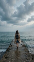Fototapeta premium Back view of woman with backpack walks on concrete pier toward calm sea. Lone traveler explores ocean shore under cloudy sky. Peaceful atmosphere of solitude, freedom during solo trip to nature