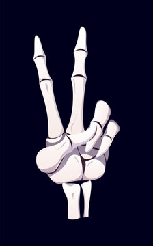 Halloween skeleton hand vector gesture. Finger bones forming classic peace, victory or number two sign with joints and knuckle bone. Spooky gesture for Halloween party, scary tattoo, horror decoration