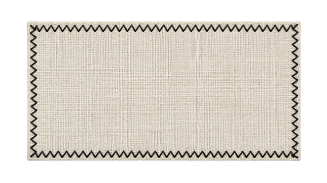 Blank rectangular linen fabric tag with black zigzag stitching around the edges on a transparent background