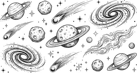 Hand drawn space elements collection featuring planets stars and galaxies © Munna70