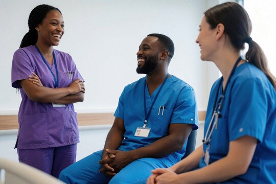 Diverse medical team laughs together in hospital clinic. Three multicultural nurses in blue, purple scrubs enjoy break time. Black man, women share funny moment, build friendship, work as colleagues