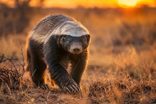 Fearless honey badger walking through the African savanna at golden sunset, wildlife portrait