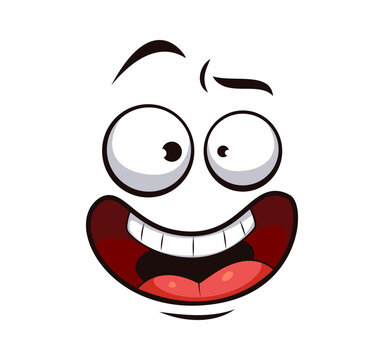 Cartoon ecstatic and hysterical face expression with wide bulging eyes, raised brows and huge laughing mouth with visible teeth. Joyful emotion face for social media or kids apparel designs