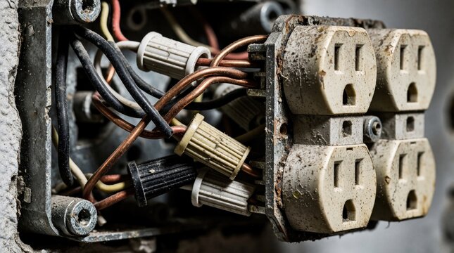 Macro view of old electrical outlet with messy wires, wire nuts. Tangled copper cables connect to dirty power socket in industrial setting. Close up of worn out electric system, faulty wiring,