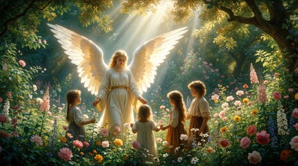 Obraz premium Divine angel with big white wings stands in sunny flower garden. Group of small children surround celestial guardian in blooming meadow. Ethereal light shines through trees on kids in fantasy