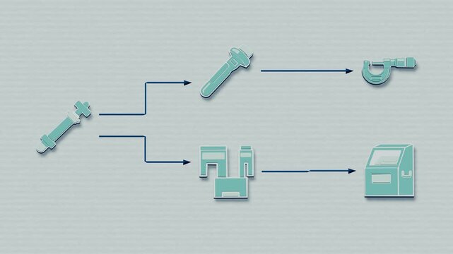 Dimensional inspection separates conforming parts from rejects as test pins pass or fail a tolerance gauge. Flat 3D style with smooth matte surfaces.
