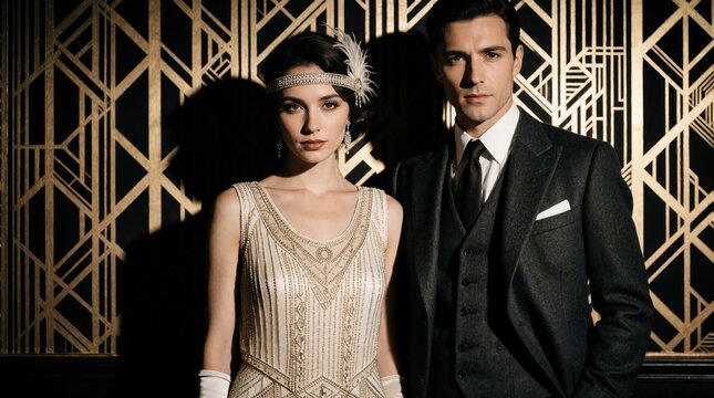 Young couple wears 1920s wedding fashion in art deco style. Bride shows beaded flapper dress with headband. Groom wears classic vintage suit, tie. Elegant man, woman pose for retro marriage portrait