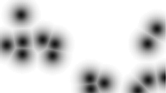 Abstract black and white halftone dot clusters on a white background, creating organic circular shapes with varying density and dot sizes