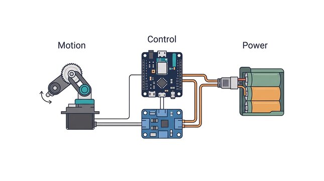 Diagram showing connection between robotic arm motion control board and power supply source vector illustration.