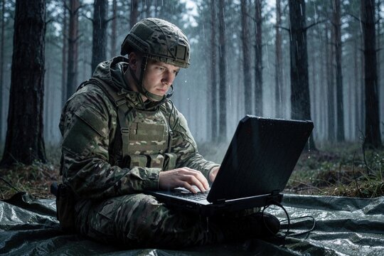 Soldier in camo uniform uses laptop computer in rainy forest. Military man sits on tarp performing digital mission surveillance task. Tactical tech gear helps army personnel work outdoors during wet