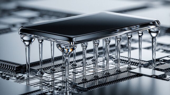 Microscopic view of MEMS sensor with silicon legs on circuit board. High tech nanotechnology component for semiconductor design, aerospace electronics. Advanced microchip structure shows tiny