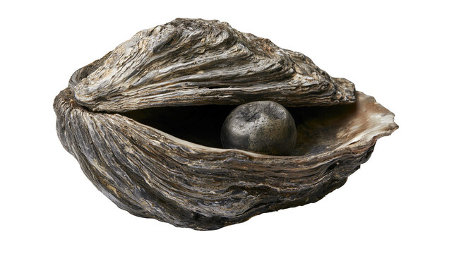 Isolated open oyster shell revealing a beautiful dark gray pearl, a natural marine treasure.