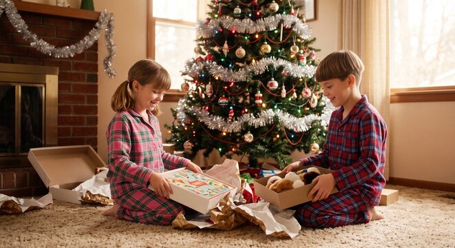 Siblings in pajamas opening gifts by the Christmas tree on a 1990s holiday morning