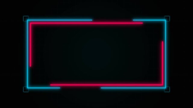 Glowing neon frame with dual blue and red light borders on a dark background, concept for futuristic digital interface, ideal for gaming overlay and tech presentation templates.