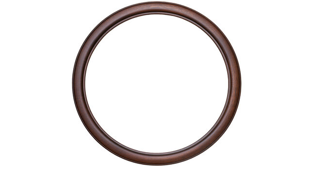 Isolated classic dark brown wooden round picture frame, elegant decorative element.