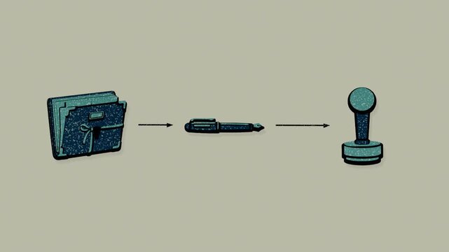 Contract execution confirms conveyance, authorizes possession, and clears documents so relocation can begin. Flat 3D style with a dry silkscreen texture.