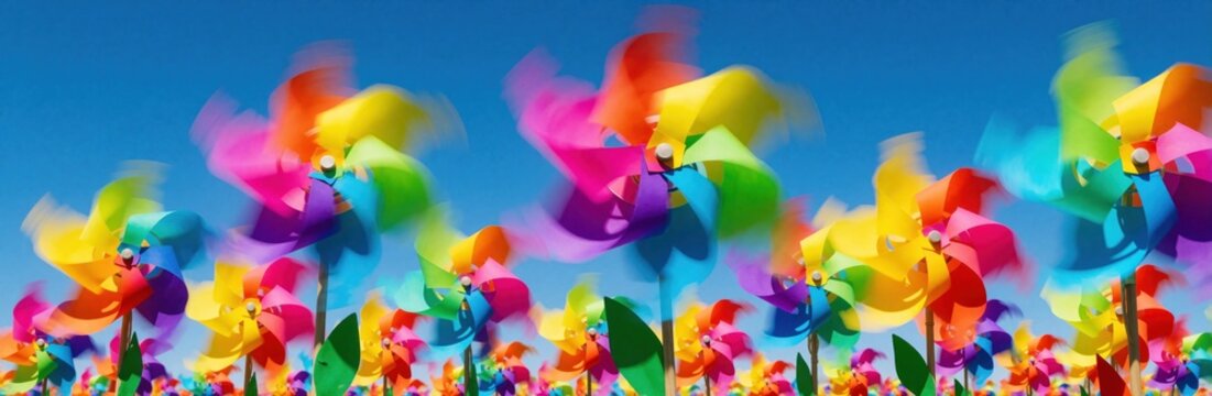 Colorful rainbow pinwheels spin fast in summer wind under clear blue sky. Many vibrant toy windmills rotate with motion blur in bright sunny weather. Playful multi colored wind spinners create