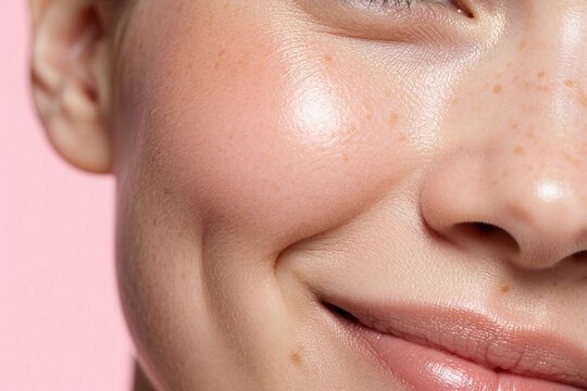 Extreme macro close up of healthy female skin. Radiant cheek shows natural freckles, visible pores, dewy glow. Young woman smiles with moist lips, showing smooth complexion, perfect texture. Beauty