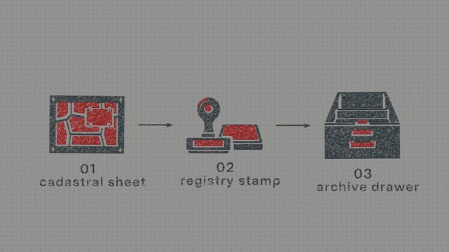 Cadastral registration turns a surveyed parcel into a stamped record, then routes it into archival storage. Flat 3D style with a grainy pigment texture; objects numbered and labelled in English.