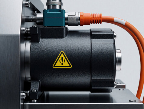 Close up of electric servomotor part of industrial machine. Black actuator with orange cable, yellow warning sign installed in automated production line. High tech engineering component used for