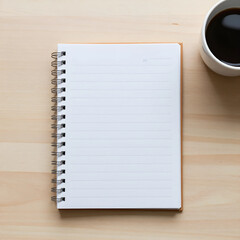 Obraz premium Productivity and planning, open spiral notebook with blank lined pages and a cup of black coffee on a wooden desk for morning work routine and goals