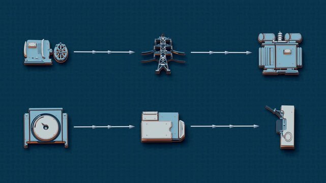 Electricity moves from generation through transmission and metering into a billing packet. Flat 3D style with smooth matte surfaces.