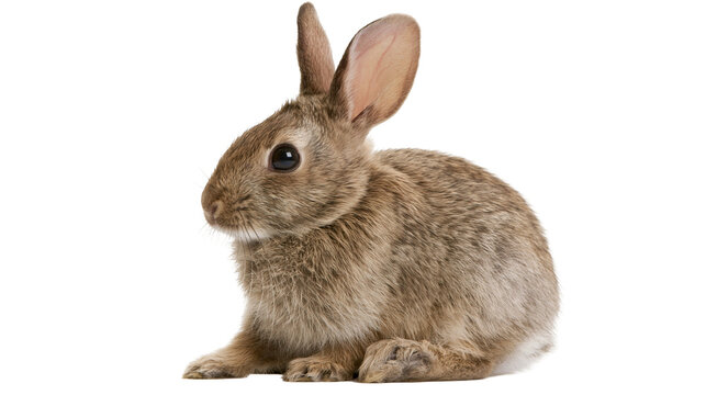 Isolated cute young domestic rabbit sitting attentively, a small furry animal with big eyes.