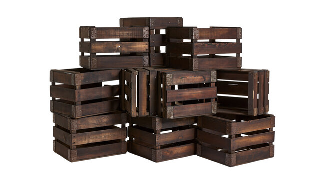 Isolated rustic wooden boxes stacked creatively, perfect for display or storage solution