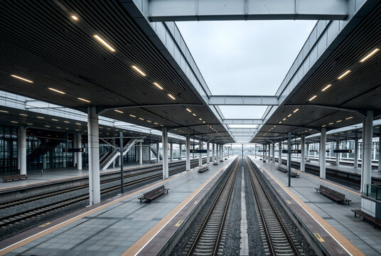 Modern train station with parallel tracks