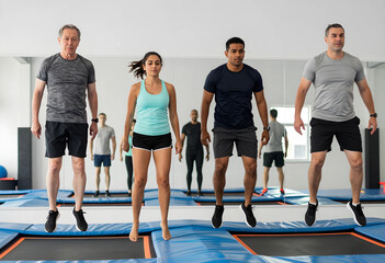 Fototapeta premium Fitness and active lifestyle diverse group of people jumping on trampolines in a gym for health wellness and team building exercise in a studio