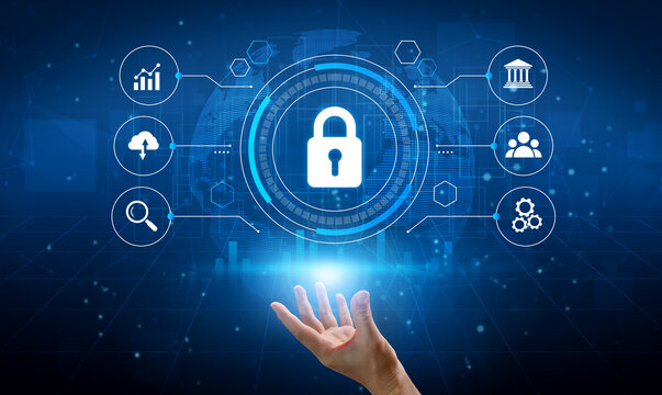A visually stunning representation of digital security featuring a hand reaching toward protective icons in a high-tech environment, emphasizing data and privacy concerns. Nascent
