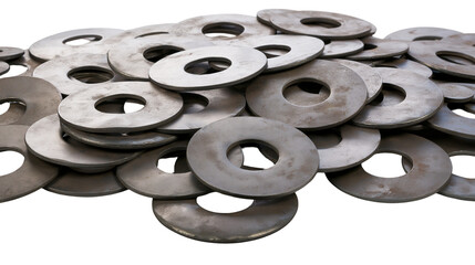 Obraz premium Isolated steel flat washers hardware components for industrial and construction purposes