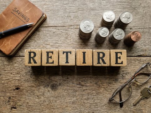Wooden blocks spelling retire with coins and glasses