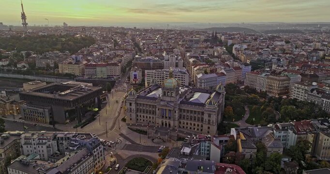 Prague Czechia Aerial v78 birds eye view capturing museum at Wenceslas square, tilt up reveals cityscape of Zizkov and Vinohrady neighborhoods at dawn - Shot with Mavic 3 Cine - November 2022
