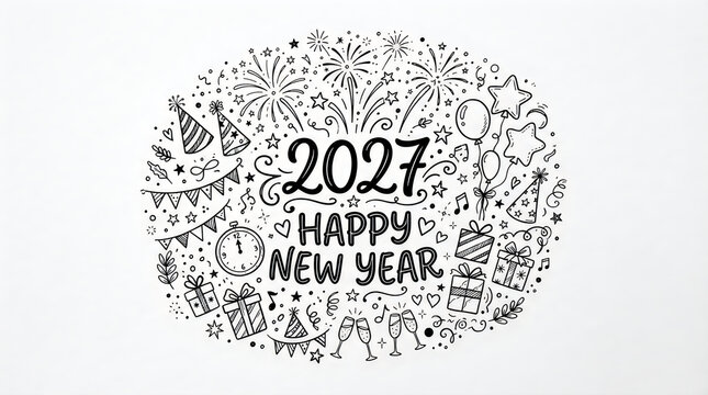 Whimsical hand-drawn illustration for Happy New Year 2027, featuring a circular design with party elements, fireworks, and festive greetings, isolated on transparent background.
