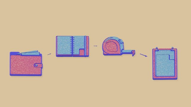 An architectural first brief passes through site survey, measurement and tracing before the concept reaches review. Flat 3D style with a grainy pigment texture.