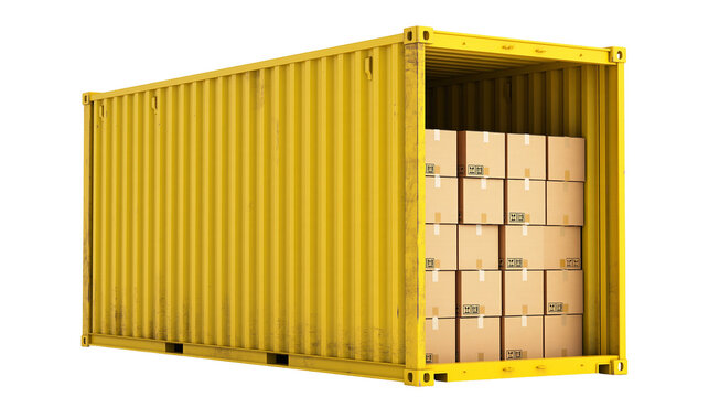 Isolated yellow shipping container partially open, full of cardboard boxes for global logistics.