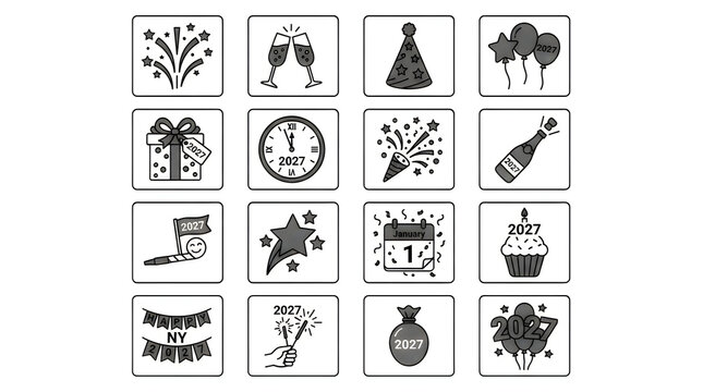 Set of New Year 2027 icons in a grid layout, featuring festive elements like fireworks, champagne, gifts, and party items, isolated on transparent background.