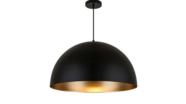 Isolated modern black metal dome pendant light with golden interior, elegant ceiling lamp fixture