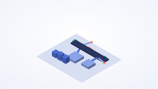 Indigo blue and coral isometric robotic work cell animation, seamless loop with no text
