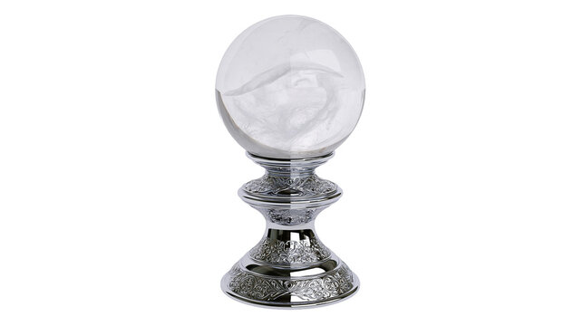 Isolated crystal ball on an ornate silver stand, perfect for magic and spiritual themes.