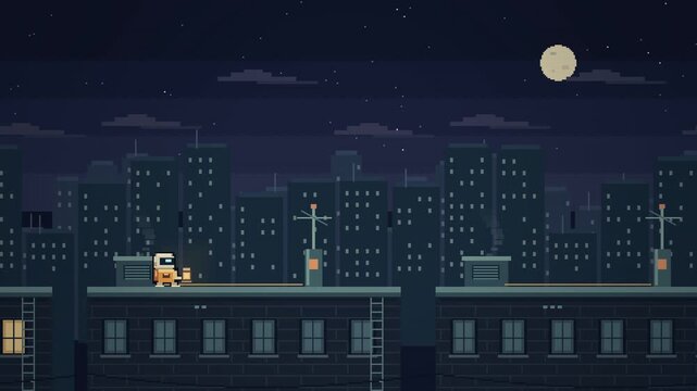 A pixel robot with a lantern jumps across city rooftops at night and activates antennas, retro 8-bit platform game with CRT effect, seamless loop