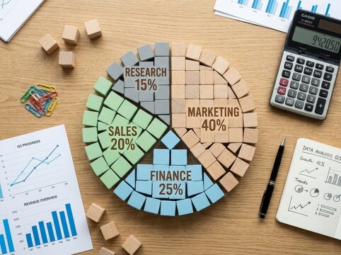 Wooden cubes form a pie chart illustrating business data analysis