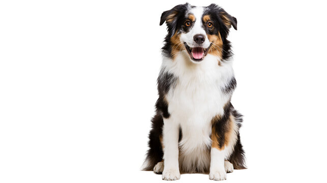 Isolated happy Australian Shepherd dog sitting, looking at camera with open mouth, friendly pet.