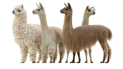 Isolated studio shot of four unique alpacas and llamas with diverse fur and personalities. © David