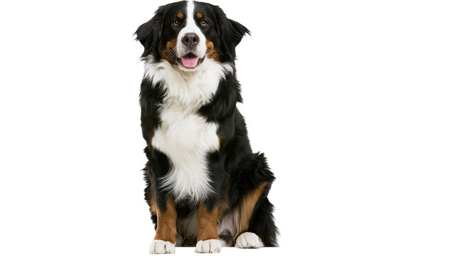 Isolated Bernese Mountain Dog sitting and looking directly at camera with happy expression.